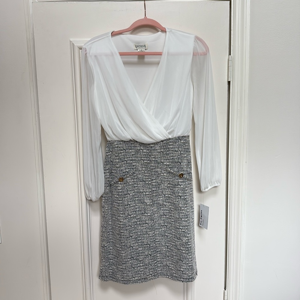 En Focus Studio White Chiffon Top Tweed Skirt Sheath Dress - Size 6